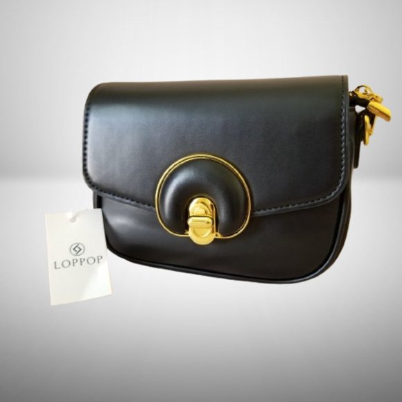 NWT! LOPPOP Black Faux Leather Purse Shoulder Bag w/Two Detachable Straps - Picture 2 of 11